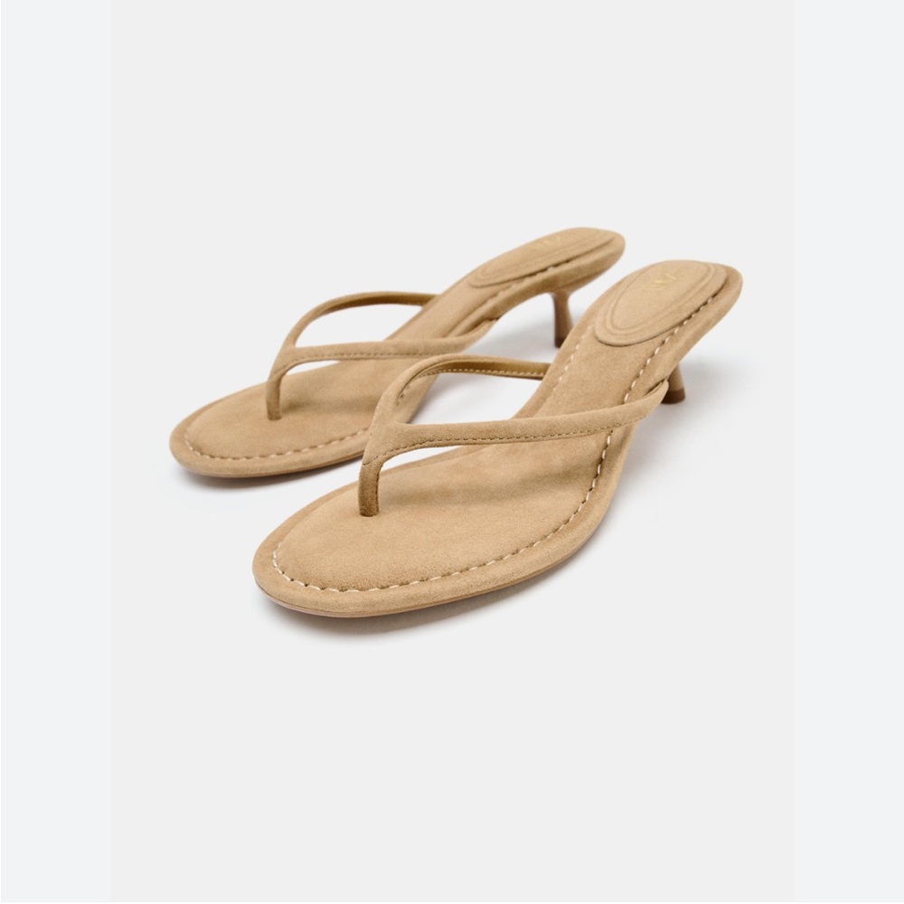 Zara Tan Split Suede Kitten-Heel Thong Sandals